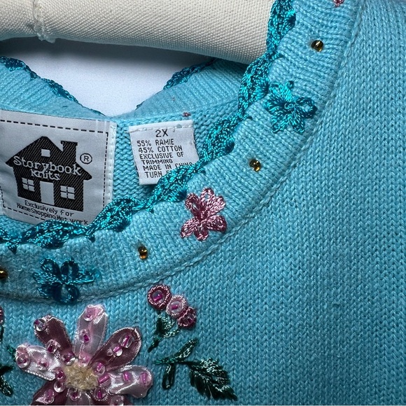 Storybook Knits Vintage Flower Sleeveless Sweater- Turquoise- Size 2X - Picture 5 of 10